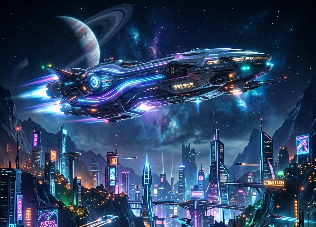 Spaceship flying over neon-lit futuristic city with towering skyscrapers under starry sky